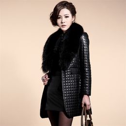 winter women thick long leather jacket with fur collar slim solid office ladies coat outerwear jaqueta de couro feminina 211130