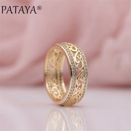 PATAYA Arrivals 585 Rose Gold Double Row Micro-wax Inlay Natural Zircon Hollow Ring Wedding Party Trendy Fine Jewelry 211217