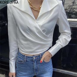 Korejpaa Women Shirt Summer Korean Chic Niche Design Lapel Cross Pleated Slim-Fit Solid-Color Gloss Long-Sleeved Blouses 210526