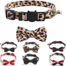 Leopard Print Fashion Luxurious Dog Cat Collar Breakaway with Bell and Bow Tie Adjustable Safety Kitty Kitten Set Small Dogs Collars size 7 Colours Blue