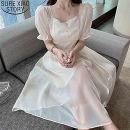 Spring Summer Dresses Sweet Square Collar Flare Sleeve Women High Waist Short Midi Long Robe 14088 210506