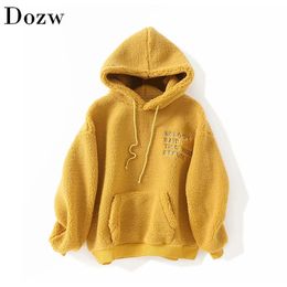 Women Loose Casual Teddy Hoodies Winter Warm Long Sleeve Hooded Sweatshirt Tops Letters Pocket Fleece Pullover 210515