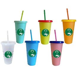 5pcs 710ml 24oz Glitter Flash Shiny Straw Cup Color Changing Plastic Tumbler Coffee Cup With Lid High Capacity Straw Cup Gift 210804