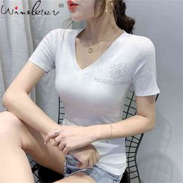 Summer Korean Style T-Shirt Fashion Sexy V-Neck Diamonds Women Tops Short Sleeve Cotton Bottoming Shirt Tees T14718A 210421