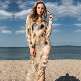 Long Knitted Beach Dresses Hoodie Pareo de Plage Swimsuit cover Up wear Pareos Playa Mujer Bikini Cover up #Q886 210420