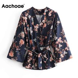 Elegant Floral Print Wrap Women V Neck Vintage Shirt Batwing Long Sleeve Loose Home Blouse With Belt Blusas Mujer 210413