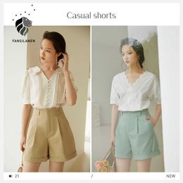 FANSILANEN Office Lady Wide Leg Shorts Women Summer Straight High Waist Green Khaki Casual Pants Clothing 210607