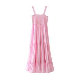 Casual Pink Elastic Bust Dress Sleeveless Holiday style high waist women's Fashion Mid-length summer dresses 210430