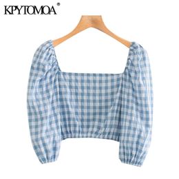 Frauen Süße Mode Plaid Gestellte Blusen Puff Sleeve Zurück Elastische Weibliche Shirts Chic Tops 210420