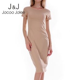 Jocoo Jolee Casual O-Neck Short Sleeve Bodycon Midi Dress Summer Cotton T Shirt Dress Plus Size Slim Pencil Dress Beach Sundress 210331
