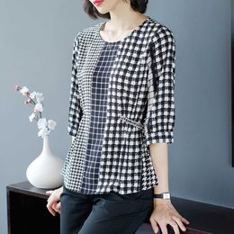 Fashion Women's Spring Summer Chiffon Blouse Casual O-Neck Black Color Plaid Loose Shirt Blusas Tops DF3568 210609