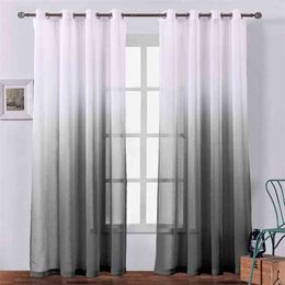 Faux Linen Sheer Gradient Curtain Voile Grommet Semi Sheer Curtain for Bedroom Living Room Grey Black Gradient 210913