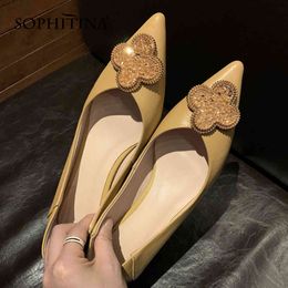 SOPHITINA Sweet Style Genuine Leather Pumps Shoes Women Mid Heels Thin Flower Yellow Beautiful Spring Pointed Toe FO145 210513