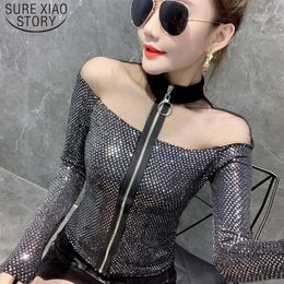 Spring Winter High Elasticity Zipper Cardigan Long Sleeve Women Blouse Autumn Flash Sequins Christmas Hollow Sexy Tops 210527