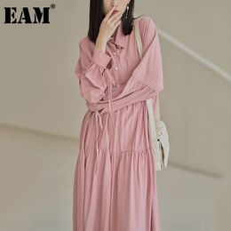 [EAM] Women Black Casual Bandage Pleated Mid-Calf Dress Lapel Long Sleeve Loose Fit Fashion Spring Summer 1DD8017 210512