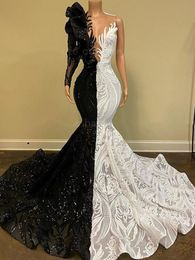 Black And White Prom Dresses One Shoulder Long Sleeveve Mermaid Sequined For Girls African Women Two Tone Formal Evening Gowns Mal Mal