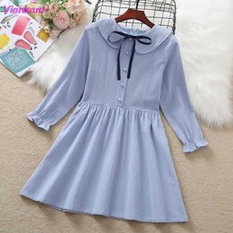 Girls Dress Solid Preppy Style Slim Zipper Bow Button Peter Pan Collar Long Petal Sleeve Children Clothes 2021 New Kids Dresses Q0716