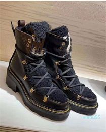 snow boots female thick bottom fur integrated warm leather lace Martin booties plus velvet cotton short boot size 35-41
