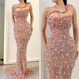 Glitter Mermaid Prom Dresses Sequins Scoop Evening Dress Custom Made Trumpet One Shoulder Beading Sweep Train Elegant Celebrity Party Gown
