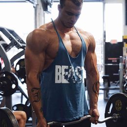 Men's Gym Workout Printed "BEAST" Tank Tops Y Back Fitness Lightweight Strap Muscle Fit Stringer Bodybuilding Extreme Tee