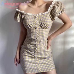 Aelegantmis Retro Lace Plaid Bodycon Mini Dresses Women Sexy Casual Party Female Pearl Slim Dress Vestido Korean Off Shoulder 210607