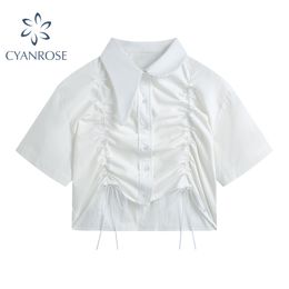 Drawstring Design Sexy Women's Summer Blouses Short Sleeve Crop Cardigan Shirts Irregular Lapel Collar Y2K Egirl Blusas Top 210417