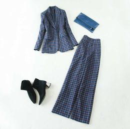 Plus Size Women's Suit High Quality Office Pants Two-piece Work Clothes Winter Plaid Ladies Jacket Waist Wide Leg 210527