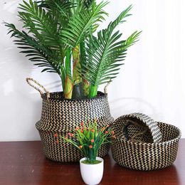 Seagrass Storage Basket Flower Pot Natural Rattan Plant Toys Holder Laundry Container Home Debris 210609