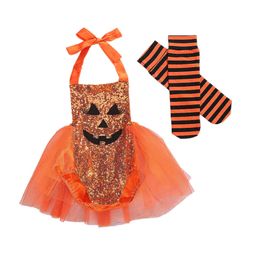 -Infant Festival Babymädchen Halloween Kostüm Niedlichen Kürbis Gesicht Pailletten Halter Romper Tutu Kleid + Gestreifte Socken 2 stücke Outfits H0910