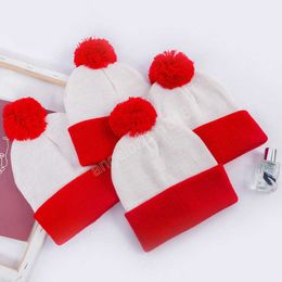 Two-color knitted winter hat christmas Red pom pom beanies wool knit pure white slouchy chunky skull caps halloween patchwork outdoor sports headwear