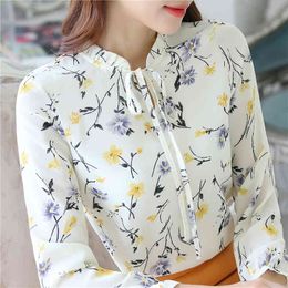 Women Blusas Tops Ladies Chiffon Long Sleeve Floral Flower Print Plus Size Korean Fashion Clothing Blouse shirt 881E 210420