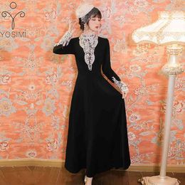 YOSIMI Woman Party Black Dresses Spring Knitting Cotton and Lace Vintage Full Sleeve Ankle-Length Women Long Dress Elegant 210604