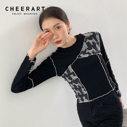 Crewneck Long Sleeve Crop Top Black Bodycon Patchwork Tshirt Women Contrast Stitch Casual T Shirt Knitwear Autumn 210427