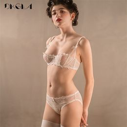 Ultrathin Underwear Set Plus Size 34 36 38 E Cup Sexy Bras Lingerie Lace Women Transparent Bra Set Pink Brassiere Half Cup White 211104