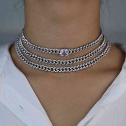 Iced Out Hip Hop Cuban Chian Bling Choke Necklace Paved White Cz for Women Girls Luxury Jewellery Gift 2021 Summer New Arrived X0509