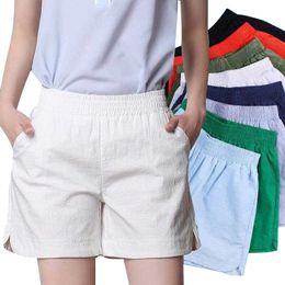Plus Size 4XL Summer Women Cotton Linen Shorts Elastic High Waist Candy Color Wide Leg Shorts 210611