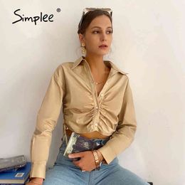 Chic high street solid women shirts spring Pleated Drawstring button lapel blouses Bow tie elegant lady crop top fashion 210414
