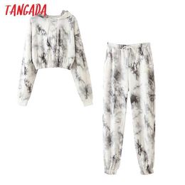 Tangada fashion women tie dye print oversize pants set two-piece suits female matching set sweat suits QW3 210609