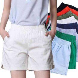 Plus Size 4XL Summer Women Cotton Linen Shorts Elastic High Waist Candy Color Wide Leg 210719