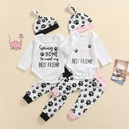 Lioraitiin 0-18m Newborn Infant Baby Boy Girl 3pcs Letter & Paw Print Long Sleeve Round Neck Playsuit + Trousers + Knotted Hat G1023