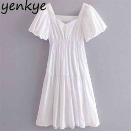 Summer Women White Female V Neck Lantern Sleeve Elastic Waist A-line Midi Elegant Dress Party vestido 210514