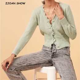 France Arthur Cardigans Green Women Sweater Retro Wave Center Buttons Long sleeve Knitting Knitwear Tops Vintage 210429