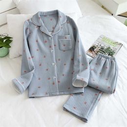 Japanese style autumn and winter long-sleeved trousers, pure cotton air cotton, warm ladies pajamas, home service sleepwear 211215