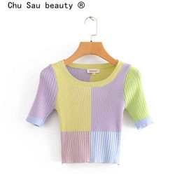 beauty Blogger Fashion Hit Color Short Cropped Knitted Tops Women Casual Chic Spring Autumn O-neck Elastic Sweaters 210514