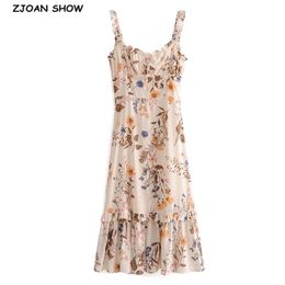 French Women Dress Wood ears V neck Floral Print Elastic Spaghetti Strap Mid-Calf Dresses Party Fashion Female Clothes 210429