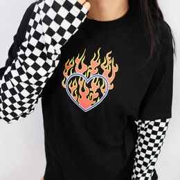 Summer Women T Shirt Fire Heart Harajuku Gothic Funny Tee 90s Vintage Chic Ulzzang Short Sleeve Casual Streetwear Unisex Clothes 210518