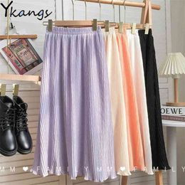 Purple High Waist A-Line Pleated Skirt Women Ins Fairy Slim Chiffon Midi Summer White Black Boho Beach Long Saia 210421