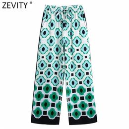 Zevity Women Vintage Geometric Print Elastic Waist Casual Wide Leg Pants Retro Female Chic Colour Match Long Trousers P1085 210915