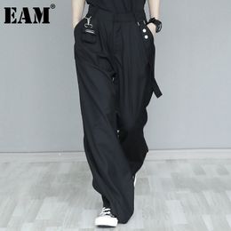 [EAM] High Waist Wide Leg Black Long Pleated Strap Trousers Loose Pants Women Fashion Spring Autumn 1DD7758 210512