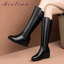 Winter Knee High Boots Women Natural Genuine Leather Wedges Heel Long Zipper Round Toe Shoes Female Autumn 39 210517